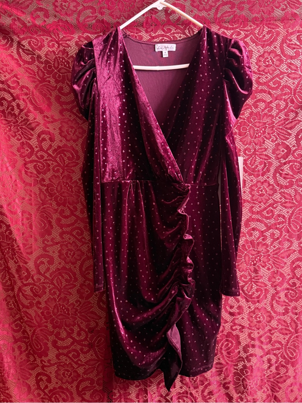 NWT Love Nickie Lew Burgundy Glitter Velvet Ruched Mini Dress Medium
